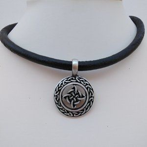 Celtic Knot Pendant Necklace on Black Leather Cord